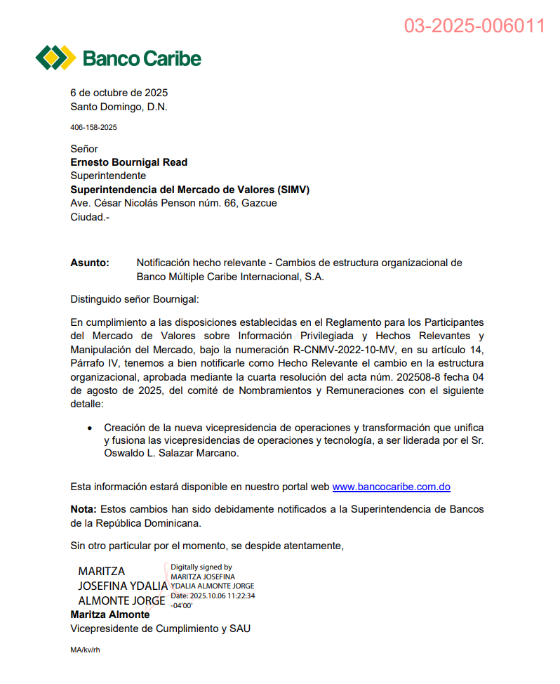 Imagen Notificación hecho relevante - Cambios de estructura organizacional de  Banco Múltiple Caribe Internacional, S.A